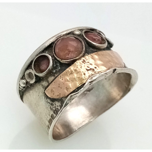 929 - A Vintage Bespoke Handcrafted Gold On Silver Rose Quartz Set Medieval Style Ring Size Q. Measuring 1... 