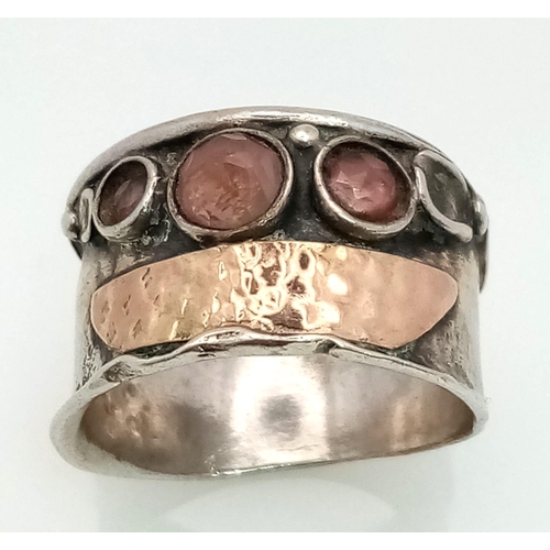 929 - A Vintage Bespoke Handcrafted Gold On Silver Rose Quartz Set Medieval Style Ring Size Q. Measuring 1... 