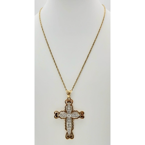 114 - A 9K Yellow and White Gold Cross with White Stone Decoration on a 9K Yellow Gold Necklace. 6cm and 5... 