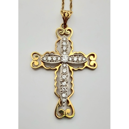 114 - A 9K Yellow and White Gold Cross with White Stone Decoration on a 9K Yellow Gold Necklace. 6cm and 5... 