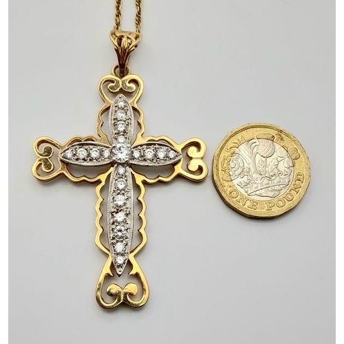 114 - A 9K Yellow and White Gold Cross with White Stone Decoration on a 9K Yellow Gold Necklace. 6cm and 5... 