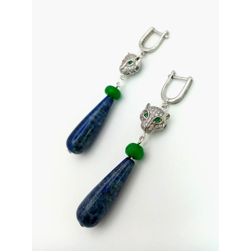 389 - A Pair of Lapis Lazuli and Jade Earrings. Panther decoration. 5cm drop.