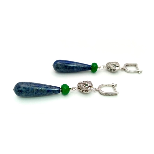 389 - A Pair of Lapis Lazuli and Jade Earrings. Panther decoration. 5cm drop.