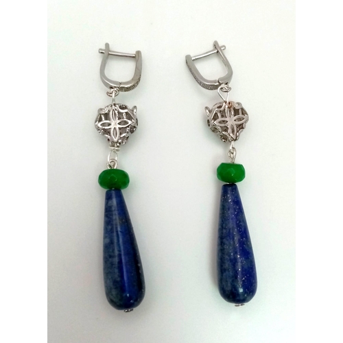 389 - A Pair of Lapis Lazuli and Jade Earrings. Panther decoration. 5cm drop.