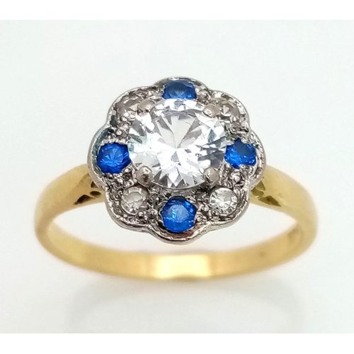 463 - 18k yellow gold cubic zirconia set cluster ring with 4 blue CZ stones, 2.4g, size I (CZ equivalent: ... 