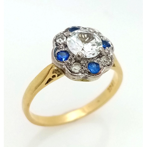 463 - 18k yellow gold cubic zirconia set cluster ring with 4 blue CZ stones, 2.4g, size I (CZ equivalent: ... 