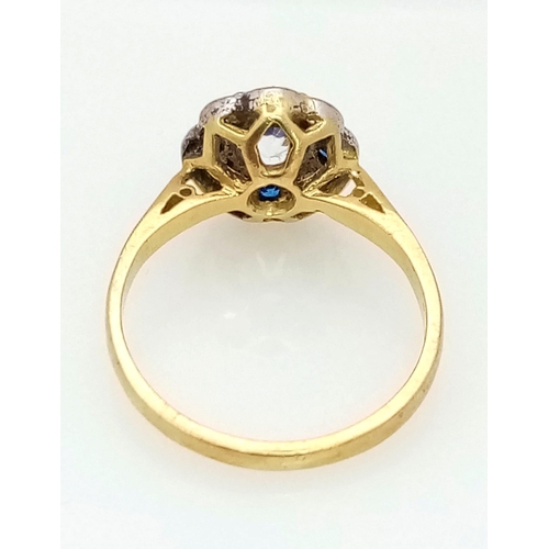 463 - 18k yellow gold cubic zirconia set cluster ring with 4 blue CZ stones, 2.4g, size I (CZ equivalent: ... 