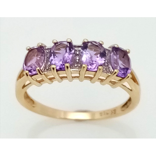 631 - 9K YELLOW GOLD DIAMOND & AMETHYST RING. TOTAL WEIGHT 2.2G. SIZE P