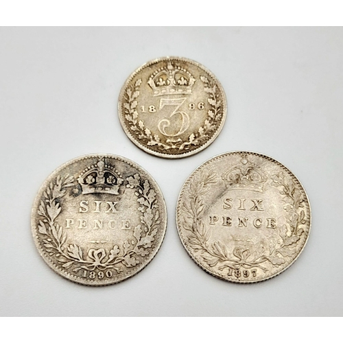 632 - A Parcel of Three Antique Queen Victoria Veil Head Sterling Silver Coins Comprising; 1890 Six Pence ... 
