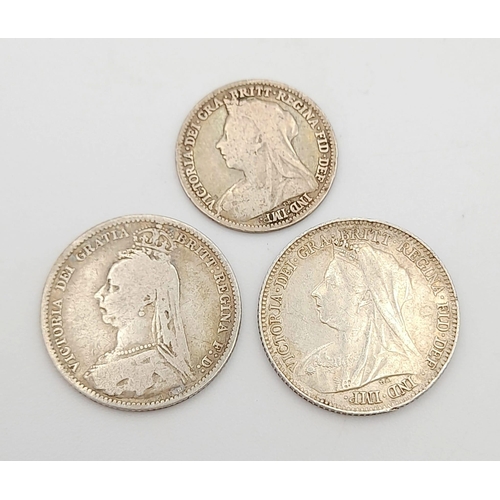 632 - A Parcel of Three Antique Queen Victoria Veil Head Sterling Silver Coins Comprising; 1890 Six Pence ... 