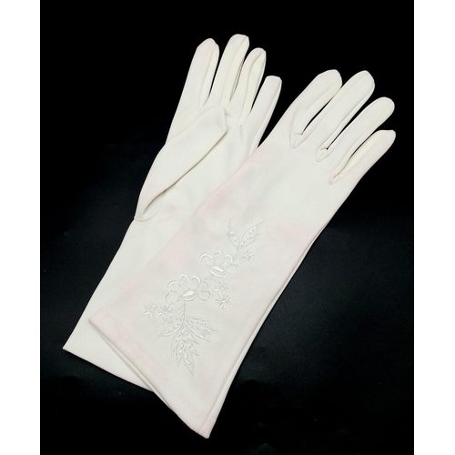 723 - A PAIR OF 1950'S EMBROIDERED EVENING GLOVES WITH TRACES OF MAKE-UP STILL ON THEM  a/f