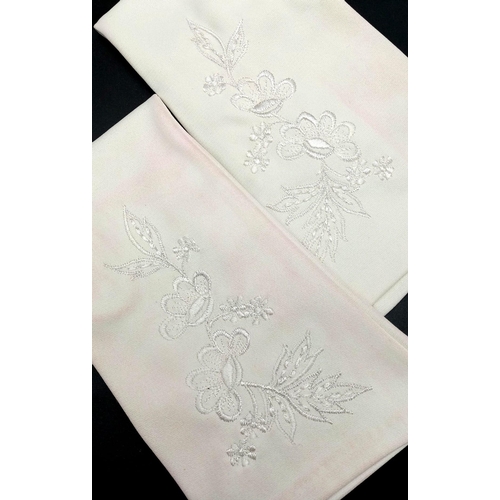 723 - A PAIR OF 1950'S EMBROIDERED EVENING GLOVES WITH TRACES OF MAKE-UP STILL ON THEM  a/f