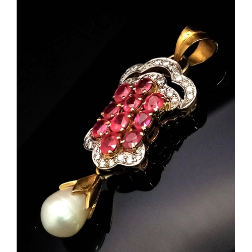 82 - 14K YELLOW GOLD DIAMOND, PEARL & RED STONE PENDANT ( POSSIBLY RUBY OR RUBILITE ) 6.51G