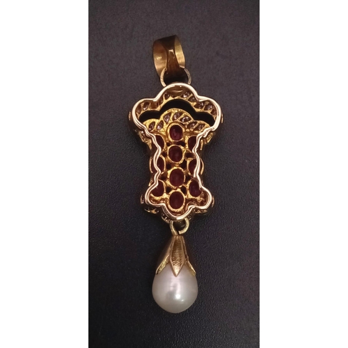 82 - 14K YELLOW GOLD DIAMOND, PEARL & RED STONE PENDANT ( POSSIBLY RUBY OR RUBILITE ) 6.51G