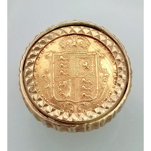 89 - 22k yellow gold half sovereign coin with Queen Victoria, dated 1892, set into a 9k yellow gold ring ... 