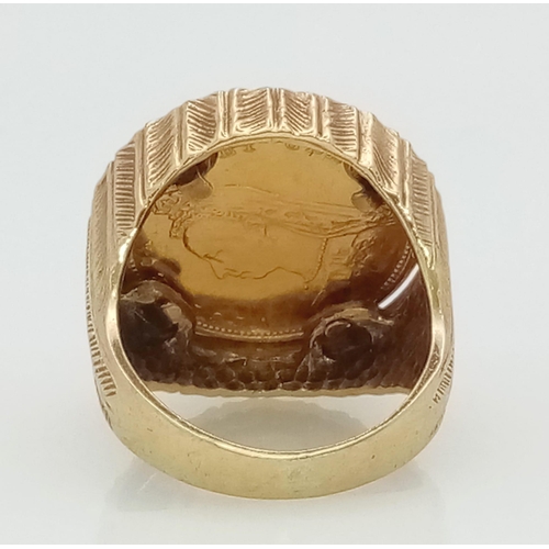 89 - 22k yellow gold half sovereign coin with Queen Victoria, dated 1892, set into a 9k yellow gold ring ... 