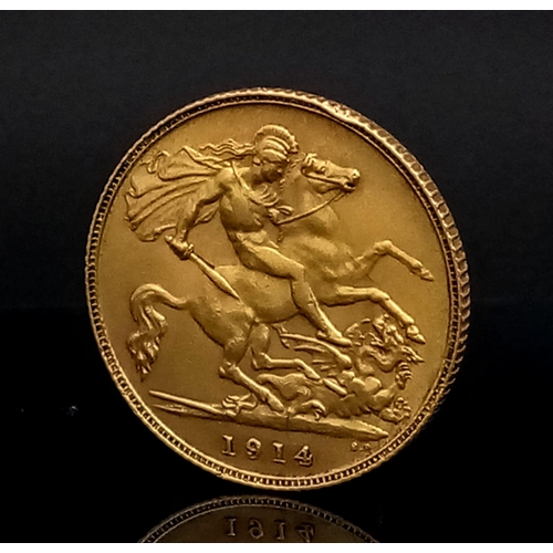 75 - 22k yellow gold half sovereign coin with King George, dated 1914, 4g