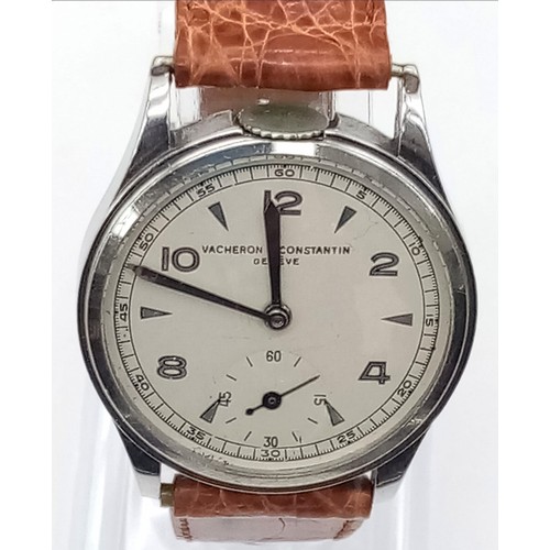 365 - A rare Vintage Vacheron and Constantin Gents Watch, crown at number 12. Brown leather strap. Stainle... 