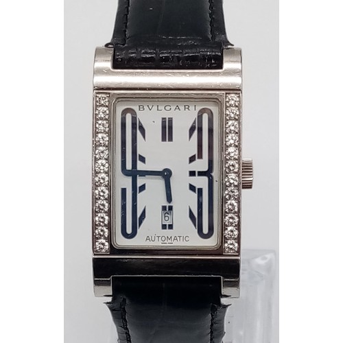 452 - A Bulgari Rettangolo 18K White Gold and Diamond Dress Watch. Black Leather strap. 18K Gold tank case... 