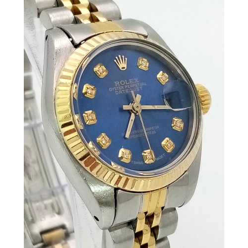 473 - A LADIES ROLEX OYSTER PERPETUAL DATEJUST IN BI-METAL WITH BLUE DIAL AND DIAMOND NUMERALS A VERY ATTR... 