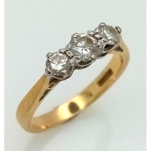 109 - 18K YELLOW GOLD DIAMOND 3 STONE RING.  0.40CT DIAMOND. TOTAL WEIGHT 2.95G.  SIZE K