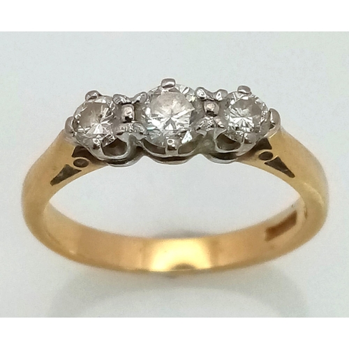 109 - 18K YELLOW GOLD DIAMOND 3 STONE RING.  0.40CT DIAMOND. TOTAL WEIGHT 2.95G.  SIZE K