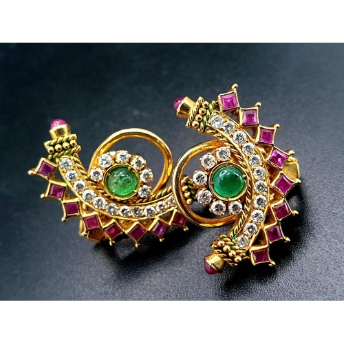 22 - 18K YELLOW GOLD DIAMOND, RUBY & CABOCHON EMERALD STUD EARRINGS. TOTAL WEIGHT 10.4G