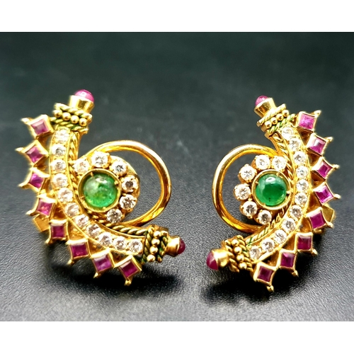 22 - 18K YELLOW GOLD DIAMOND, RUBY & CABOCHON EMERALD STUD EARRINGS. TOTAL WEIGHT 10.4G