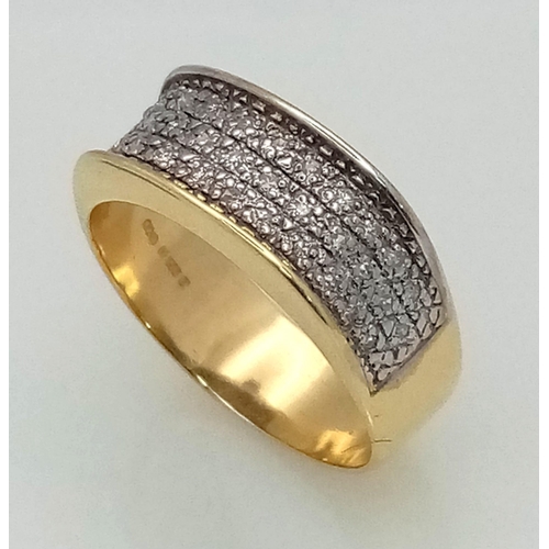 44 - 18K YELLOW GOLD DIAMOND BAND RING. 3 ROW 0.25CT DIAMOND. TOTAL WEIGHT 4.73G.  SIZE L