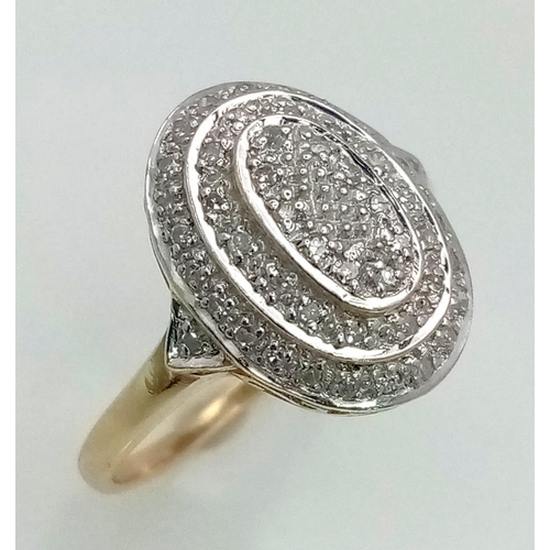 624 - 9K YELLOW GOLD DIAMOND CLUSTER RING. TOTAL WEIGHT 3G.  SIZE O