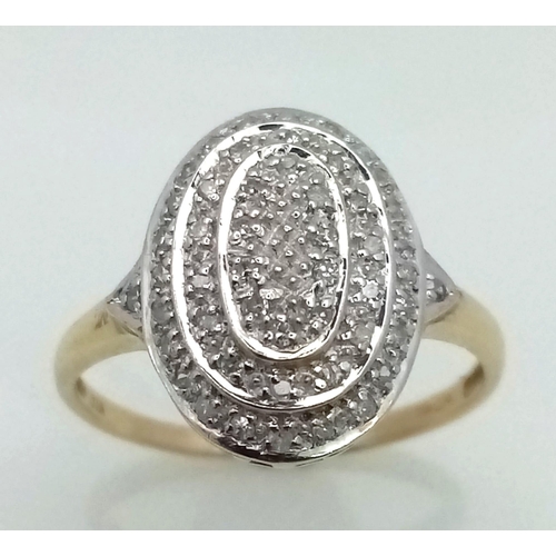 624 - 9K YELLOW GOLD DIAMOND CLUSTER RING. TOTAL WEIGHT 3G.  SIZE O