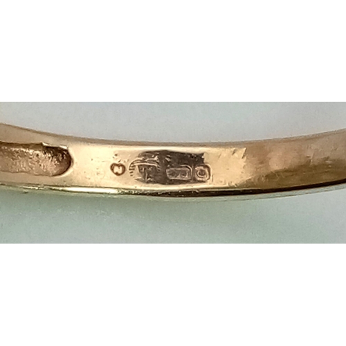 624 - 9K YELLOW GOLD DIAMOND CLUSTER RING. TOTAL WEIGHT 3G.  SIZE O