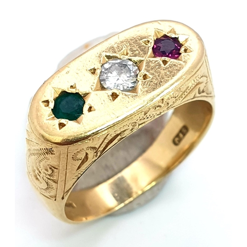 8 - 18K YELLOW GOLD DIAMOND, RUBY & EMERALD 3 STONE RING. 0.20CT DIAMOND. TOTAL WEIHT 14.1G.  SIZE Q