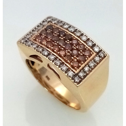 96 - 14K YELLOW GOLD WHITE & COGNAC DIAMOND RING. TOTAL WEIGHT 14G. SIZE S. 0.80CT DIAMOND