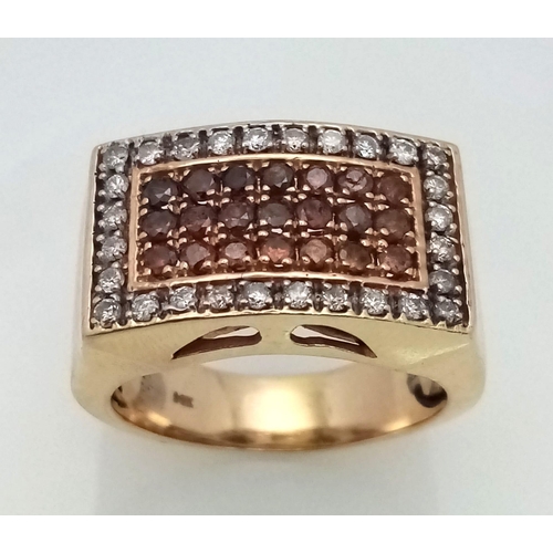 96 - 14K YELLOW GOLD WHITE & COGNAC DIAMOND RING. TOTAL WEIGHT 14G. SIZE S. 0.80CT DIAMOND