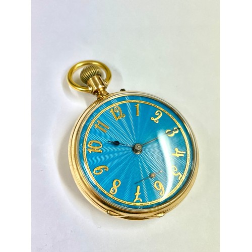 3 - 18k gold Gents pocket watch, blue enamel face with custom dial, Working, weight 72.6g