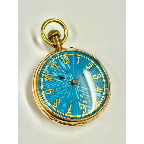 3 - 18k gold Gents pocket watch, blue enamel face with custom dial, Working, weight 72.6g