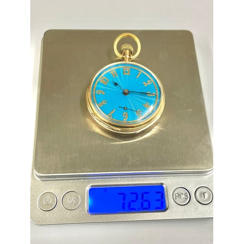 3 - 18k gold Gents pocket watch, blue enamel face with custom dial, Working, weight 72.6g