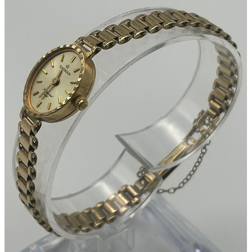 59 - A Vintage 9K Yellow Gold Sovereign Ladies Watch. 9K gold bracelet and case - 15mm. Quartz movement i... 