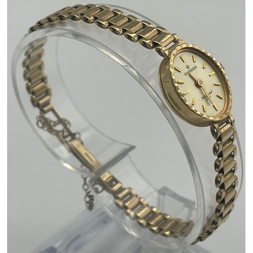 59 - A Vintage 9K Yellow Gold Sovereign Ladies Watch. 9K gold bracelet and case - 15mm. Quartz movement i... 