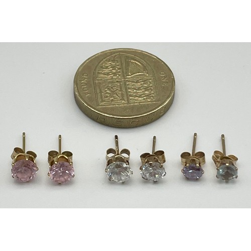 905 - Three Pairs of 9K Yellow Gold Different Coloured Gem Stud Earrings. 1.75g total weight.