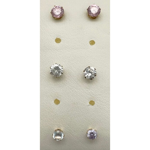 905 - Three Pairs of 9K Yellow Gold Different Coloured Gem Stud Earrings. 1.75g total weight.