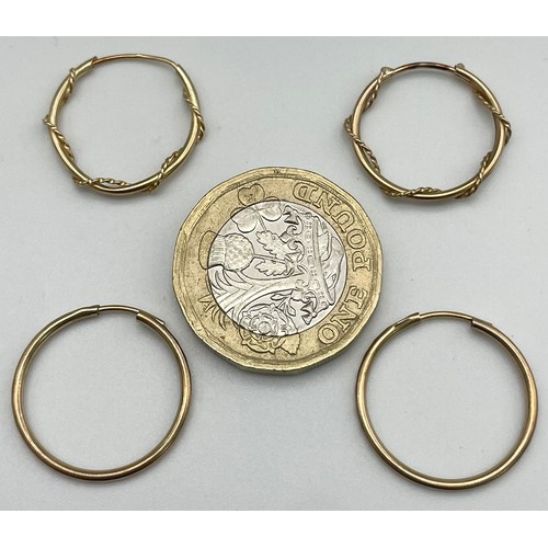 906 - Two Pairs of 9K Yellow Gold Hoop Earrings. 1.32g total weight.