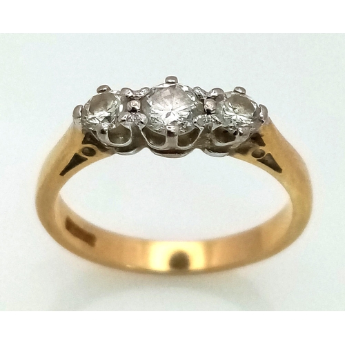 109 - 18K YELLOW GOLD DIAMOND 3 STONE RING.  0.40CT DIAMOND. TOTAL WEIGHT 2.95G.  SIZE K