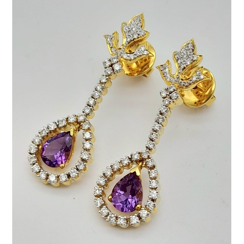 36 - 18K YELLOW GOLD DIAMOND & AMETHYST DROP EARRINGS. 1.20CT DIAMONDS. TOTAL WEIGHT 11.18G