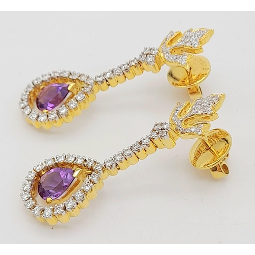 36 - 18K YELLOW GOLD DIAMOND & AMETHYST DROP EARRINGS. 1.20CT DIAMONDS. TOTAL WEIGHT 11.18G