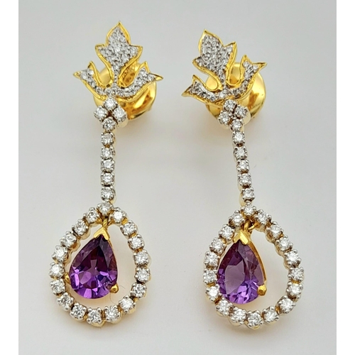 36 - 18K YELLOW GOLD DIAMOND & AMETHYST DROP EARRINGS. 1.20CT DIAMONDS. TOTAL WEIGHT 11.18G