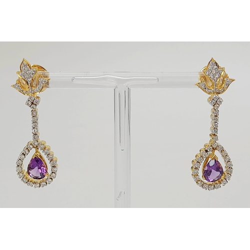 36 - 18K YELLOW GOLD DIAMOND & AMETHYST DROP EARRINGS. 1.20CT DIAMONDS. TOTAL WEIGHT 11.18G