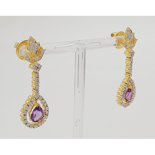 36 - 18K YELLOW GOLD DIAMOND & AMETHYST DROP EARRINGS. 1.20CT DIAMONDS. TOTAL WEIGHT 11.18G