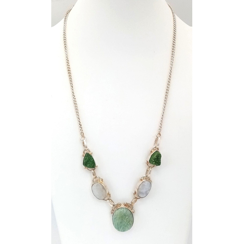 640 - A Vintage Amazonite, Moonstone and Moldavite Stone Set Sterling Silver Necklace 52cm Length. Largest... 